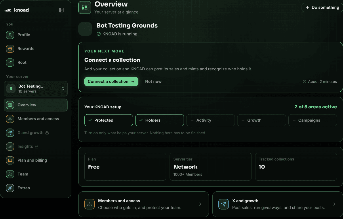 The KNOAD dashboard Overview with next steps and setup areas